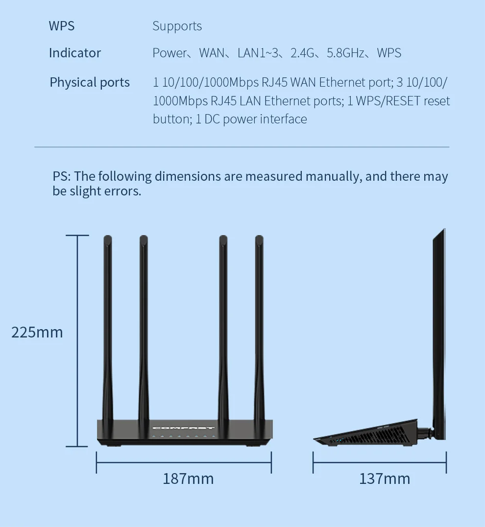 

CF-WR619AC-V2 600Mbps Dual-Band WiFi Router, 2.4G/5GHz, 4 External Antennas, WPA2 Security, 3 LAN Ports, WPS, Long Range