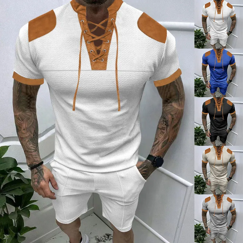 

Summer Solid Color Men's Sets Tie Straps Round Neck Short Sleeved T-shirt Casual Shorts Two-piece Set