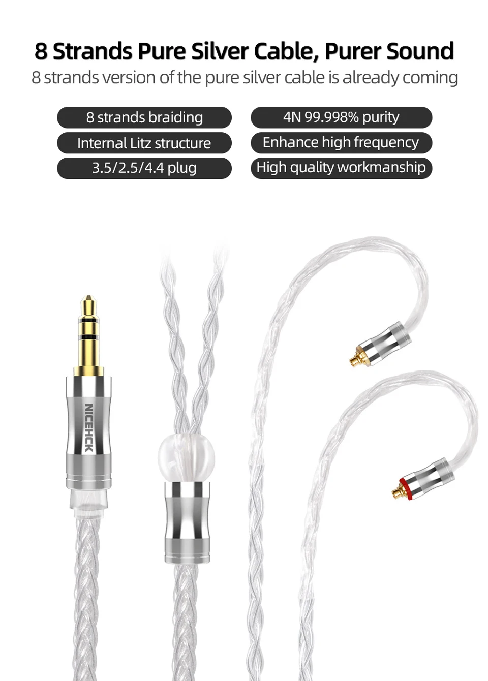 NICEHCK LitzPS-Pro 8 Core 4N Litz Pure Silver Earphone Cable 3.5mm