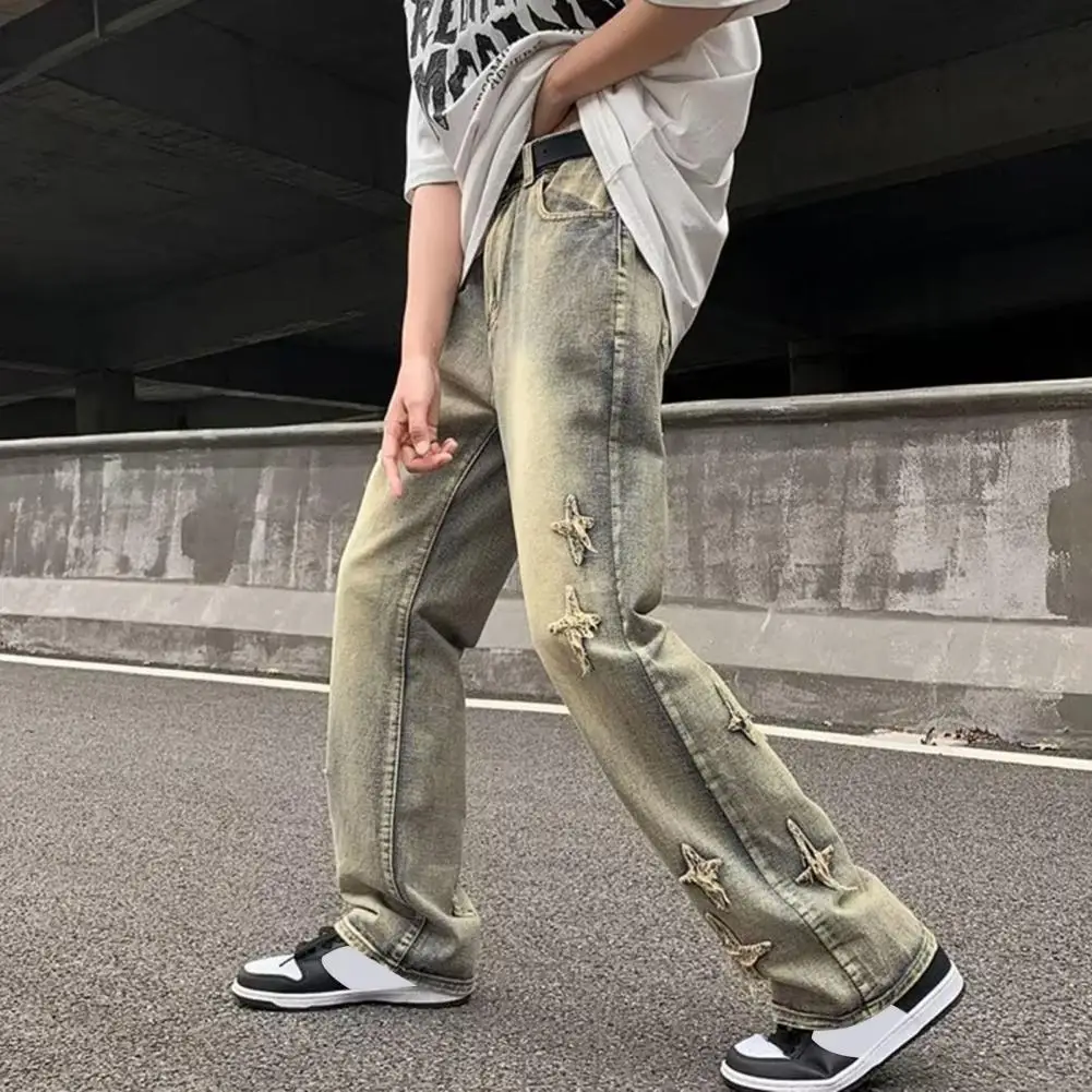 Men Spliced Color Jeans Gradient Color Splicing Men's Denim Pants with Distressed Cross Pattern Slight Flared Trousers for Men