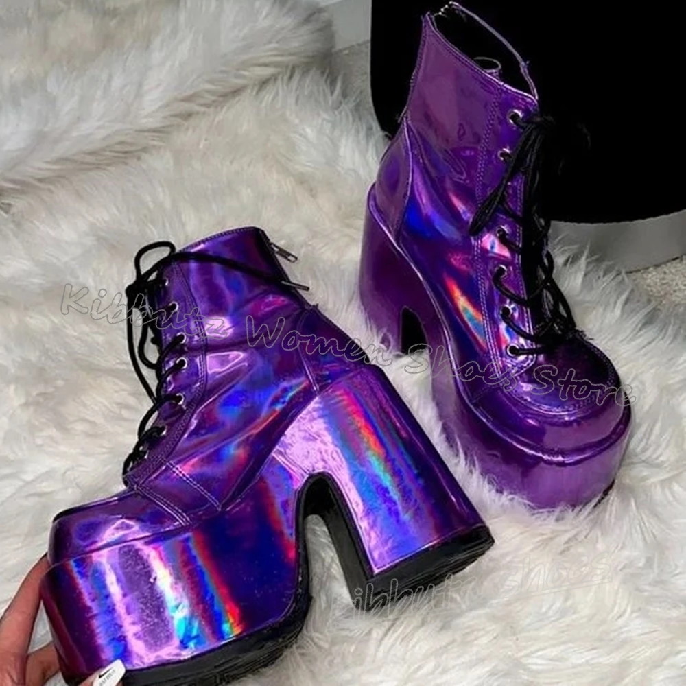 

Lace-Up Ankle Boots Platform Round Toe Chunky Heels Lace-Up Fashion Novelty Elegant Concise Sexy Women Shoes Newest Solid Color