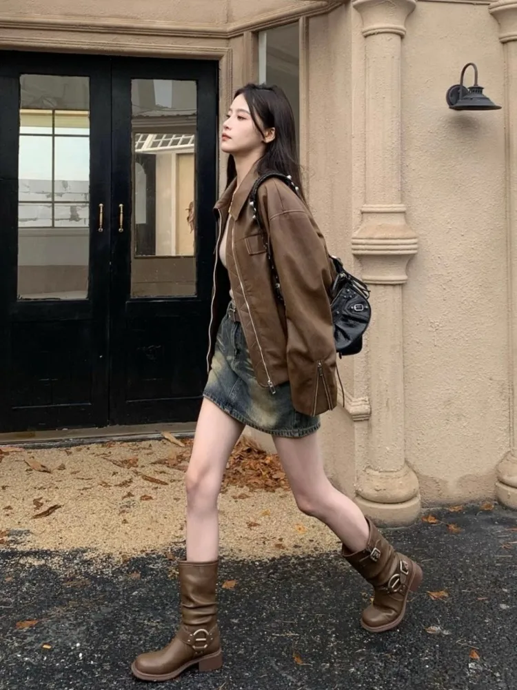 Chaqueta de cuero Vintage marrón High Street para mujer, ropa de calle coreana, chaqueta de cuero informal con cremallera, abrigo holgado de moda de verano para mujer