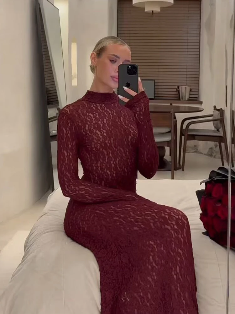 

HH Women Spring Wine Red Rear Zipper Party Midi Dress Woman Fashion Chic Long-Sleeved Asymmetry Lace Decoration Sexy Dress