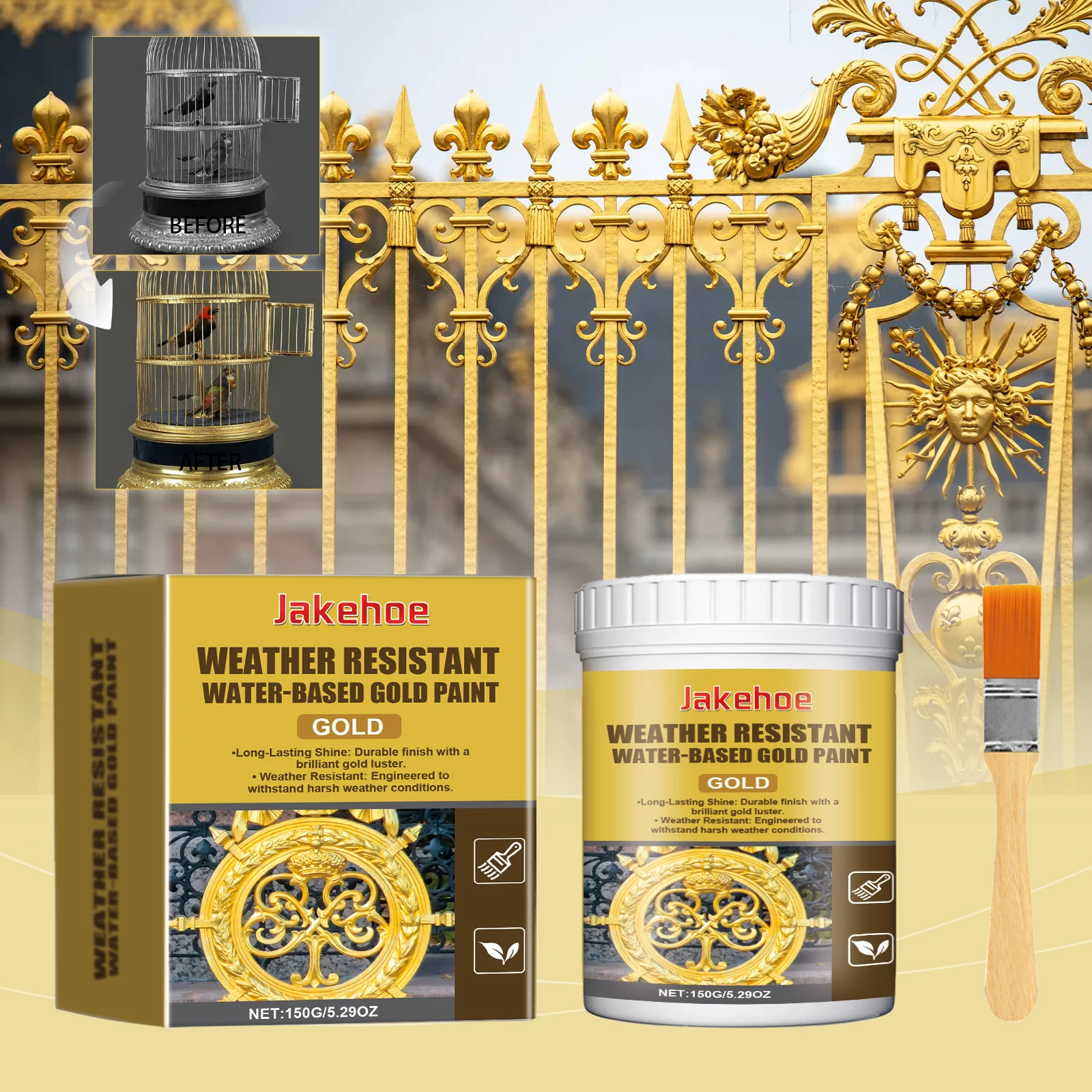

Jakehoe Gold Leaf Paint Weather Resistant Water Based Gloss Metallic Finish for Exterior Railings Outdoor Furniture Decor
