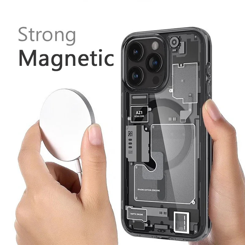 Magnetic Technology Case for iPhone 16 Pro Max 12 13 14 15 Plus 16Pro Zero One Circuit Board Translucent Hard Back MagSafe Cover