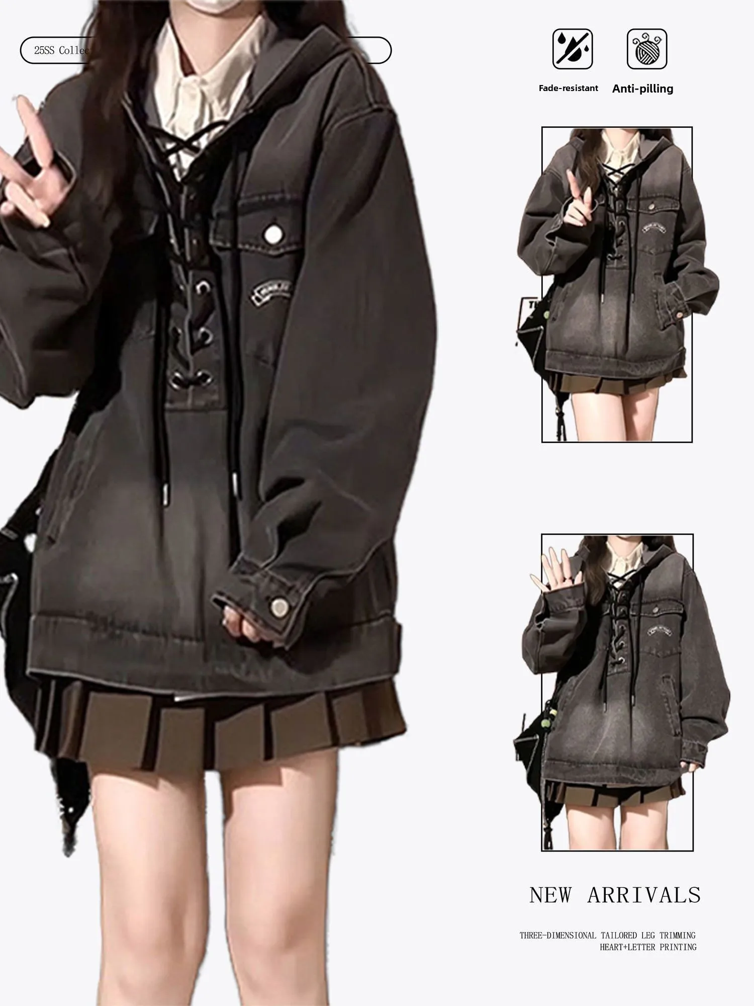 

plus Size American Retro Bla ey Denim Jaet Women's Autumn Winter Loose Slimming Belted Hooded Top Trendy Streetwear