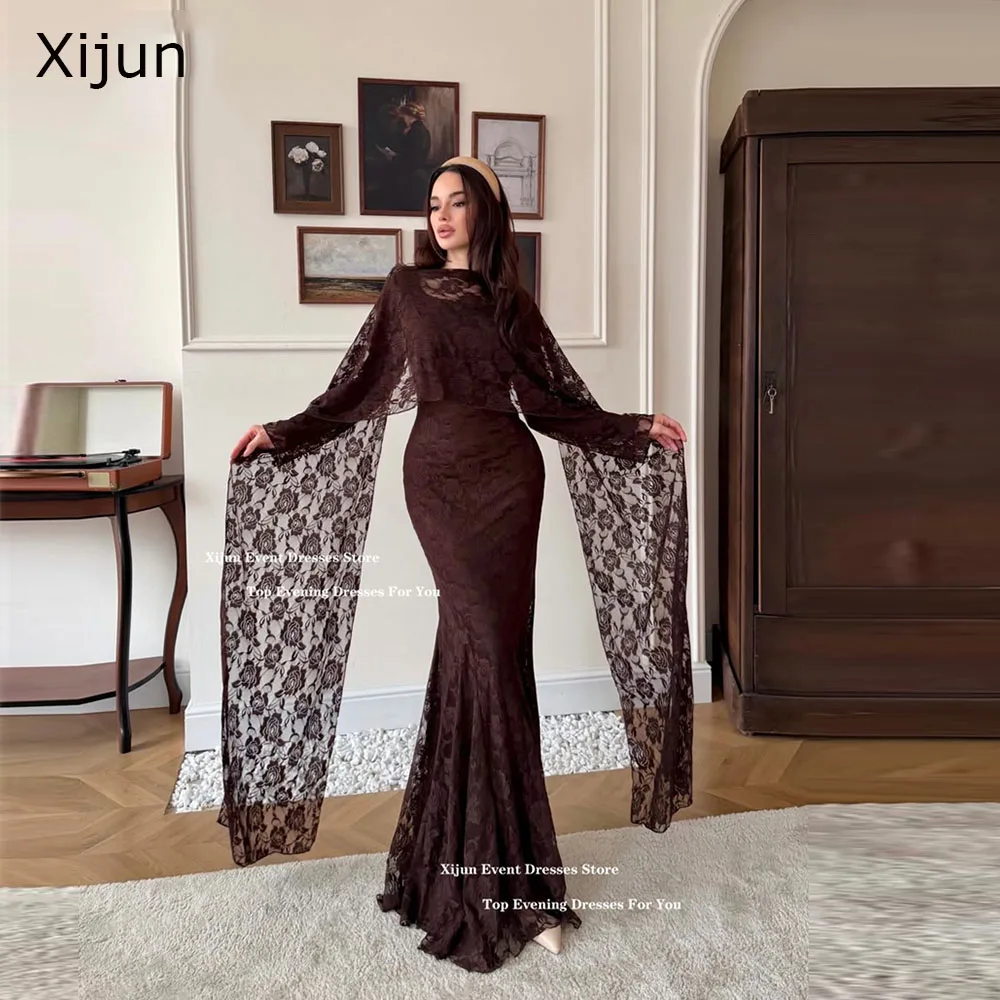 

Xijun Элегантные кружевные вечерние платья с накидкой и длинными рукавами Русалка Пром платья Саудовская Аравия Роскошные Дубайские платья для выпускного вечера по индивидуальному заказу