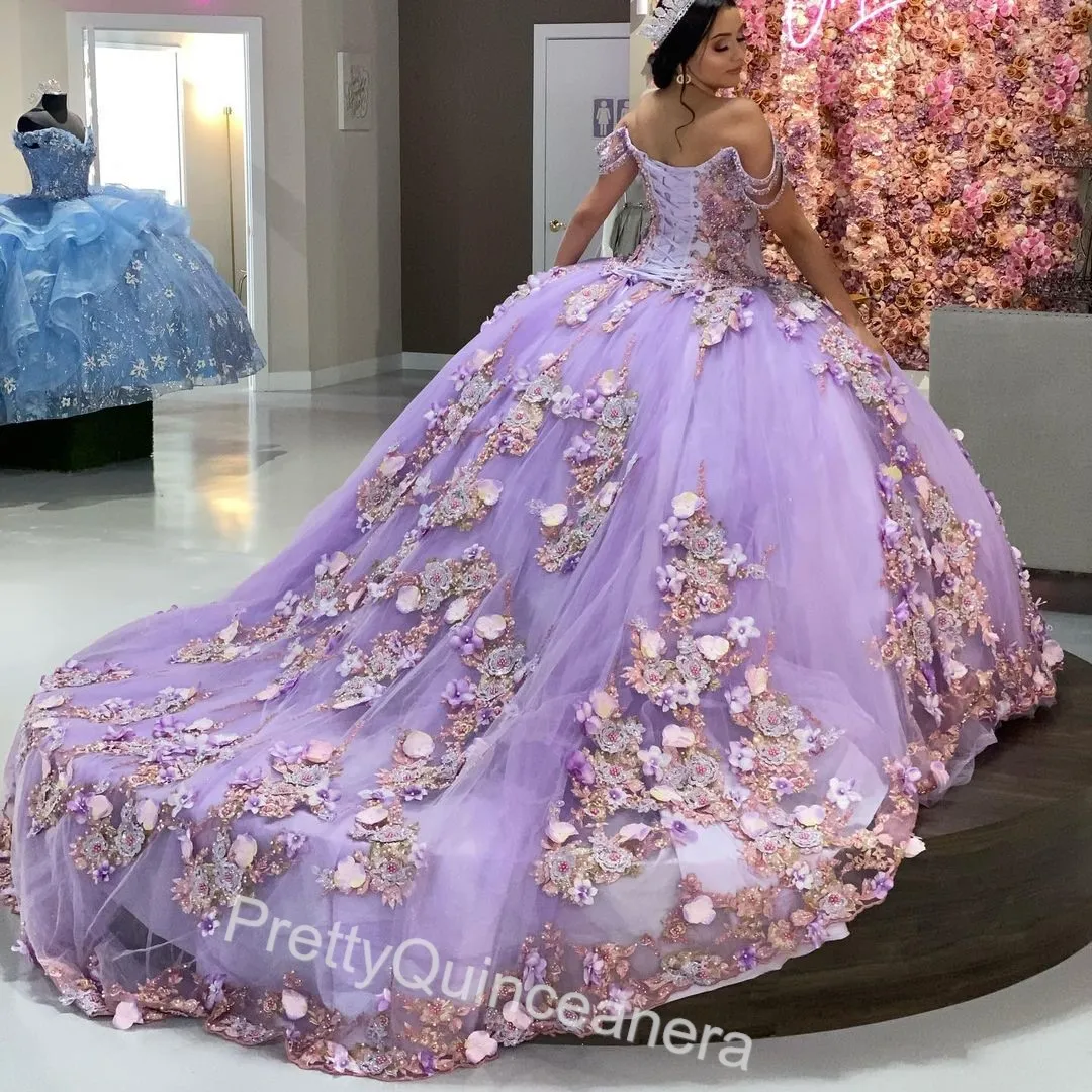 Multi Colors 3D Flowers Off Shoulder Beads Lavender Quinceanera Dress Princess Ball Gown For XV Vestidos De 15 Años