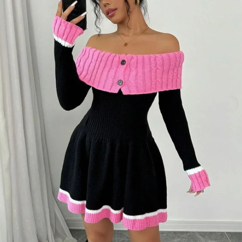 

Black and pink contrasting knitted dress, women's new one shoulder slim fit skirt, children's sexy and pure desire short skirt