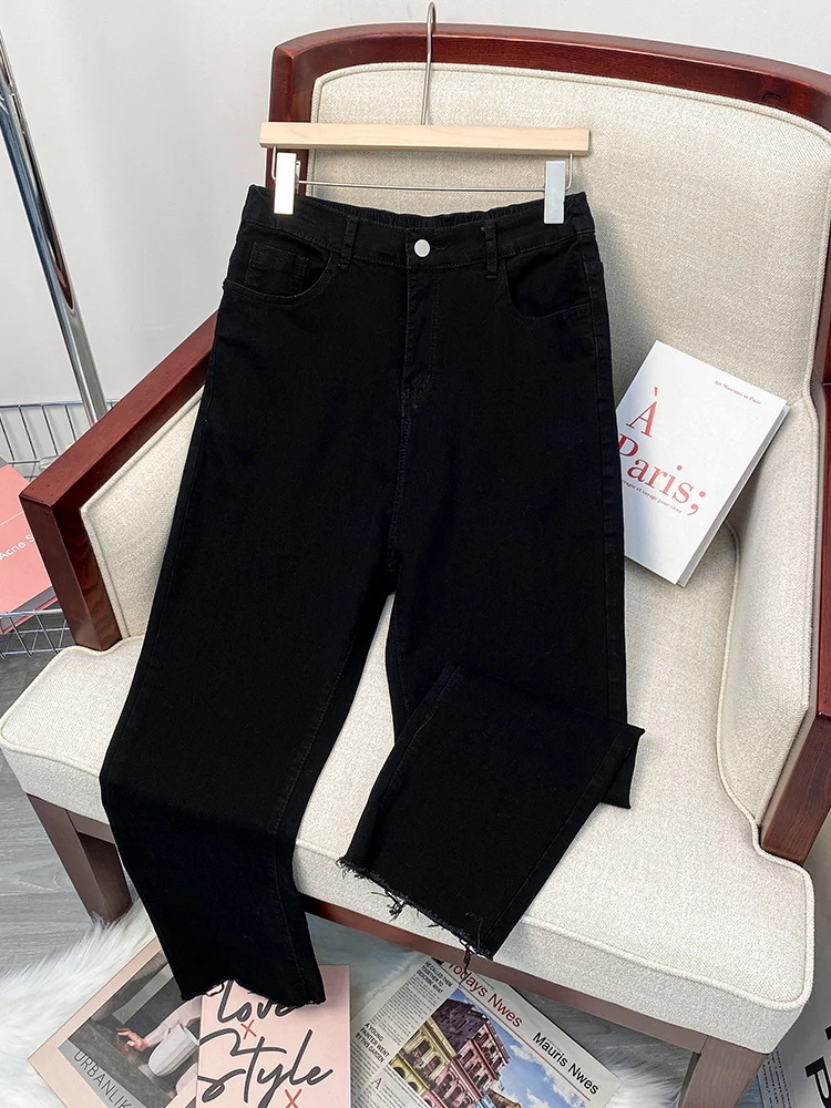 

High Waist Stretchy Bla Denim Jeans Straight Leg Nine-Tenths Pants for plus Size Women Student Wear Resistant Summer Jeans