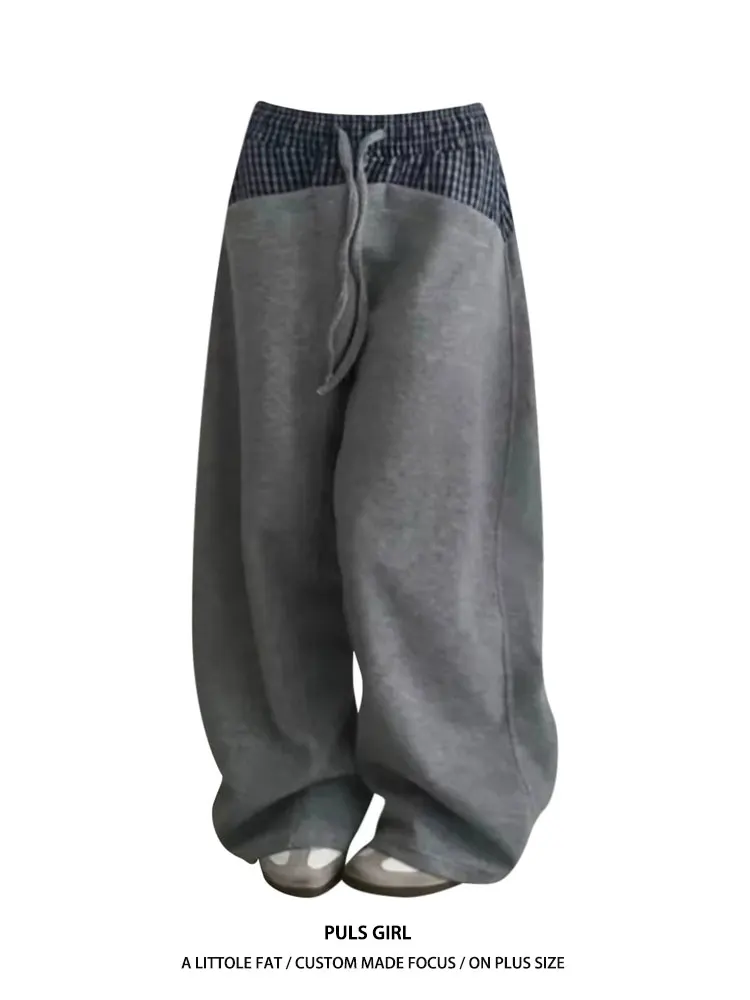 

plus Size American Retro Plaid Patchwork Drawstring Sweatpants Women's Loose Slimming Drapey Casual Wide Leg Pants