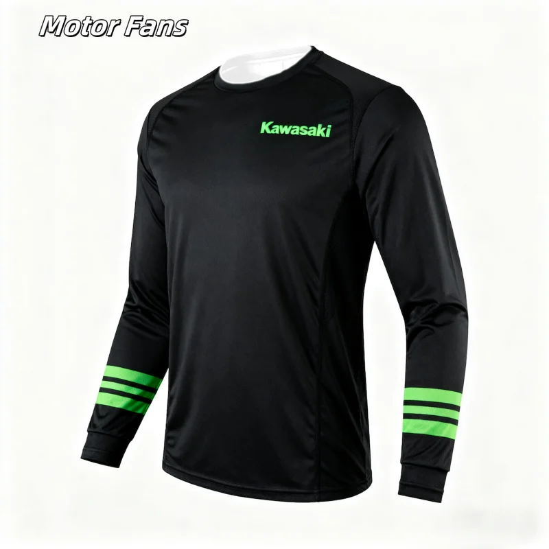 

Moto Fans Kawasaki Long - Sleeve Athletic Shirts with Brand Logo and Striped Design Quick Drying Downhill Daily Sport Shirts
