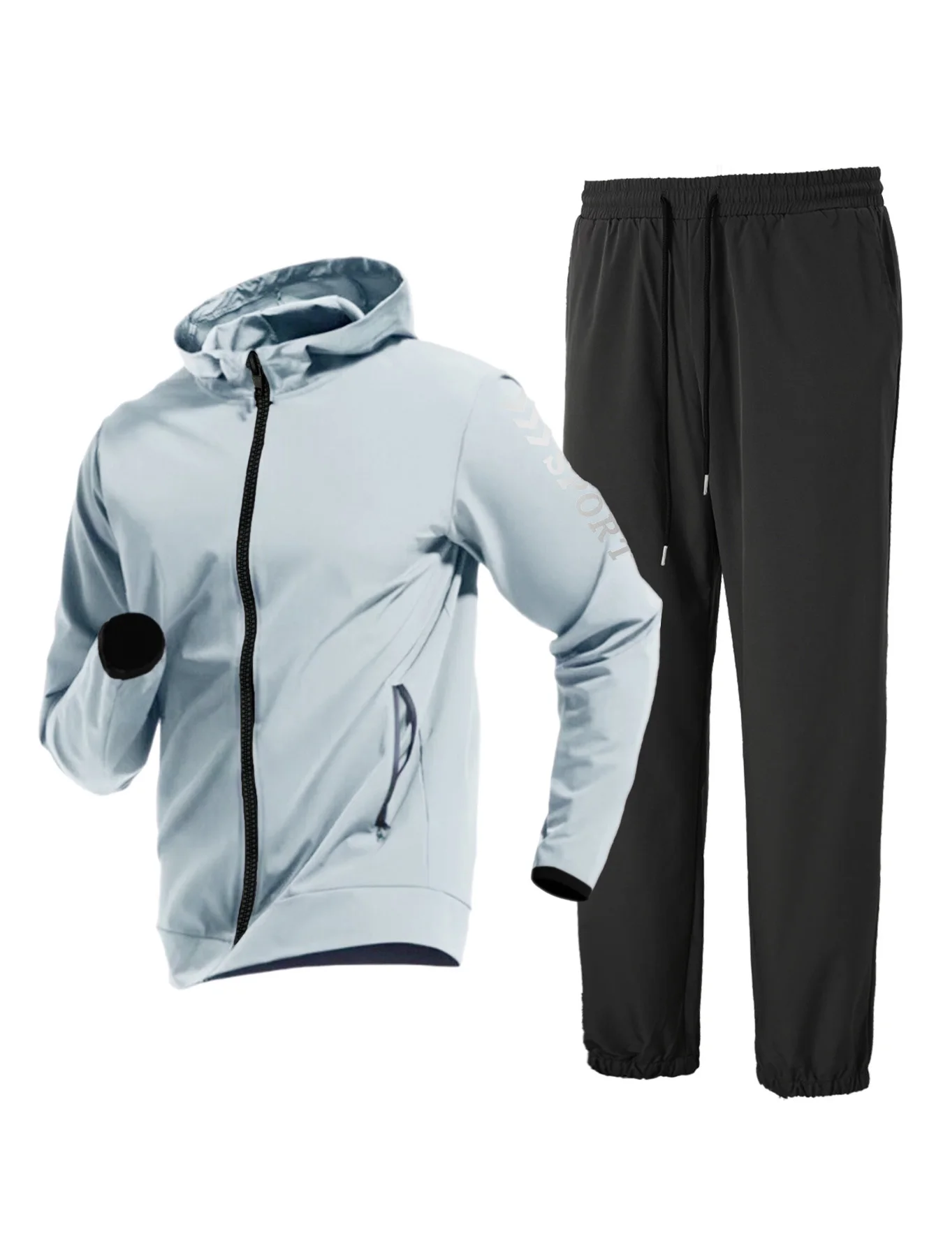 Light Blue Hooded Sports Jacket and Black Jogger Pants Men's Two-Piece Set, Breathable Fitness Quick-Dry Casual Men's Complete Sports Outfit view 2
