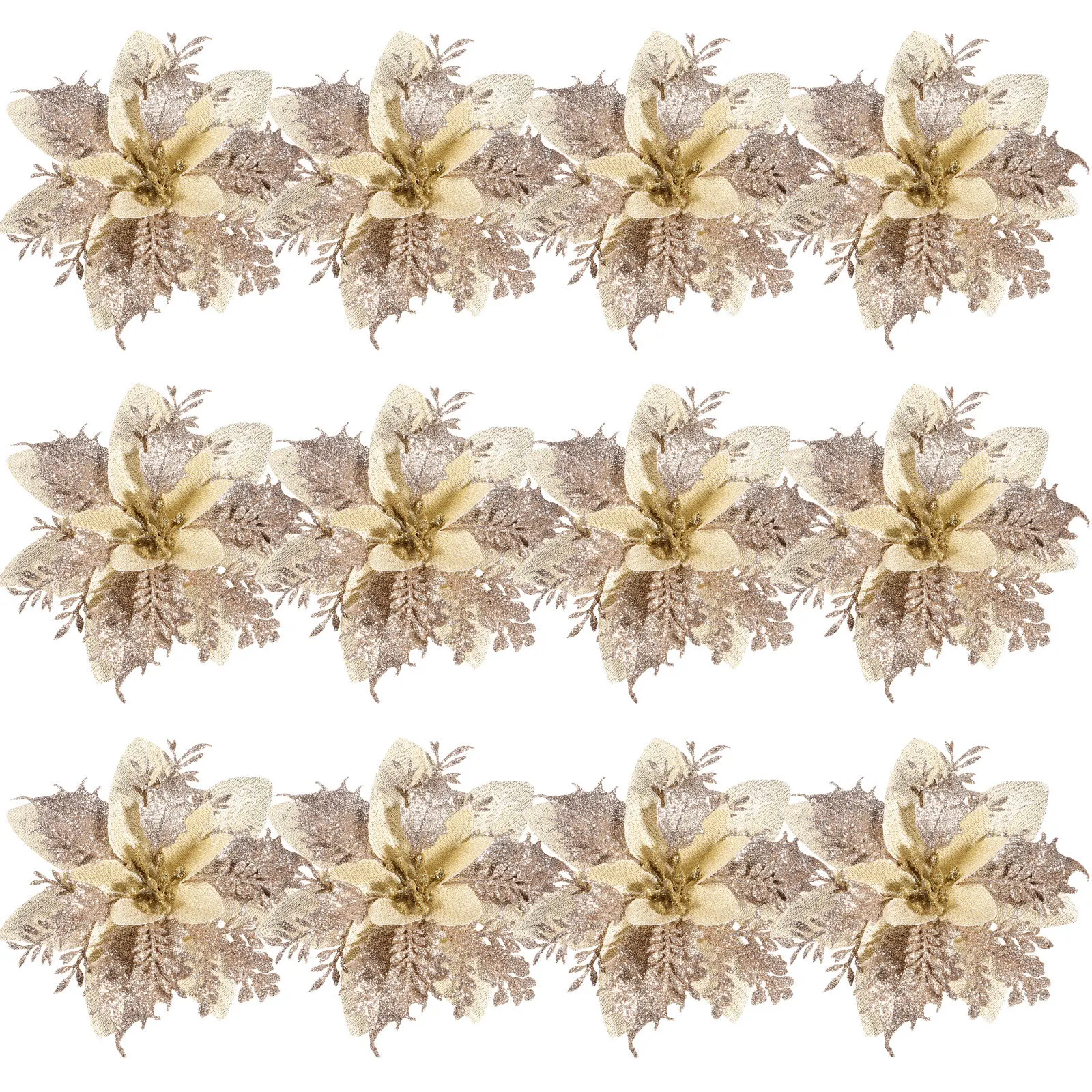 

12Pcs Christmas Glitter Poinsettia Flowers Artificial Tree Ornaments Stems Clips Holiday Party Decoration Garland Decor