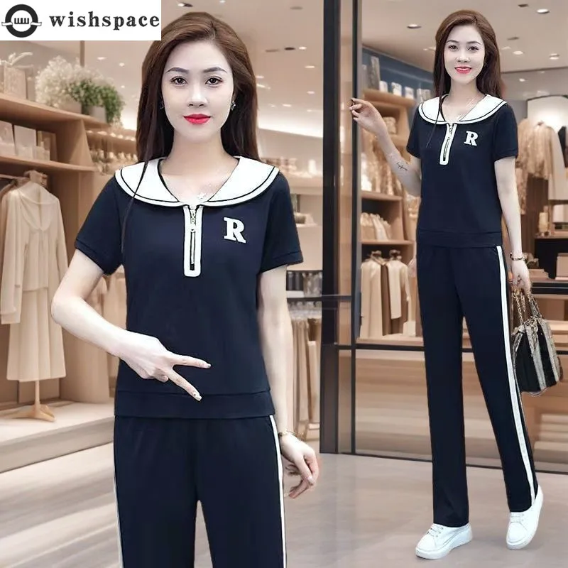 

Leisure Sports Suit Women's Summer New Fashionable and Stylish Style Slimming Short Sleeved Straight Leg Pants Two-piece Set