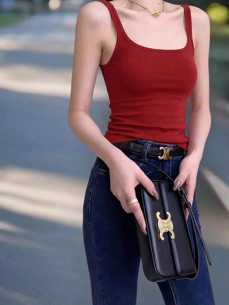 Dopamine Boosting Red Strap Vest Women's Outerwear Summer Inner Match Beautiful Back Bra Integrated Backless Top with Chest Pad