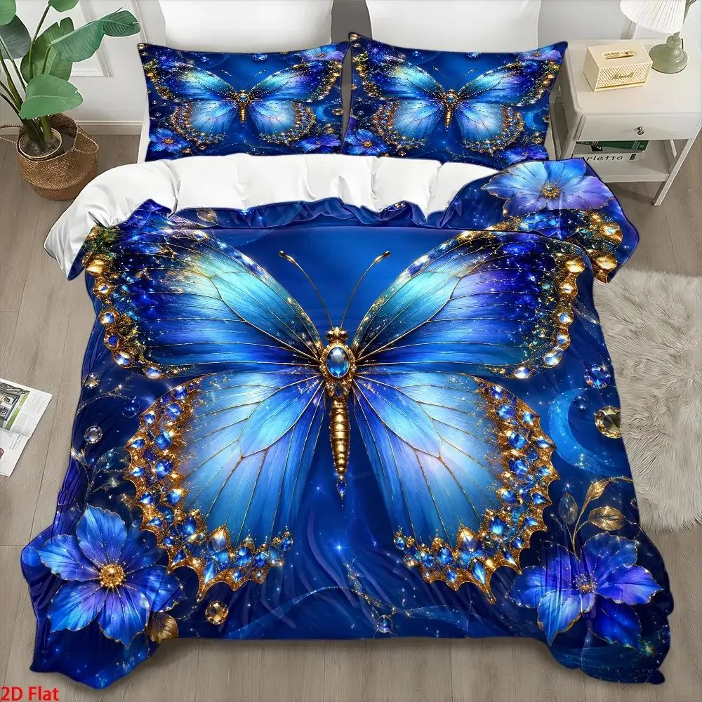 3Pc Light Luxury Style Blue Butterfly Diamond Print Quilt Cover Set, 1*Quilt Cover + 2*Pillowcases, Three-Piece Bedding Set, Skin-Friendly Breathable Polyester Woven Double Bedding, Quilted Duvet Cover with Invisible Zipper, Suitable for All Seasons, Soft and Comfortable, Easy to Clean, Durable, Wrinkle-Resistant, Machine Washable, Modern Minimalist Nordic Style Bedroom Decor Bedding, Home Master Bedroom Guest Room Student Dormitory Cozy Home Furnishings, Large Double Bed Cover Set, 3Pcs Light Luxury