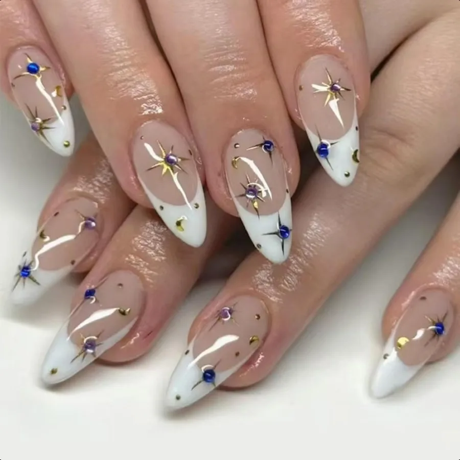 

White French Tip Pr on Nails Star Fake Nails Medium Almond False Nails with Design Rhinestone Glue on Nails Glossy Artificial A