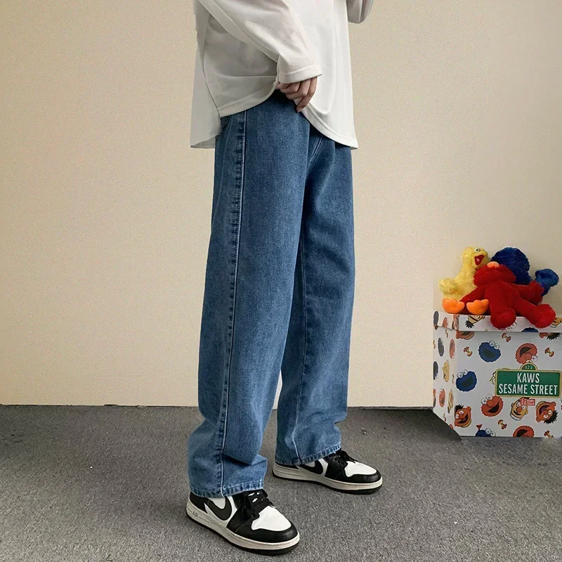 

Korean Fashion Men Wide Leg Jeans 2021 Autumn New Streetwear Straight Baggy Denim Pants Male Brand Trousers