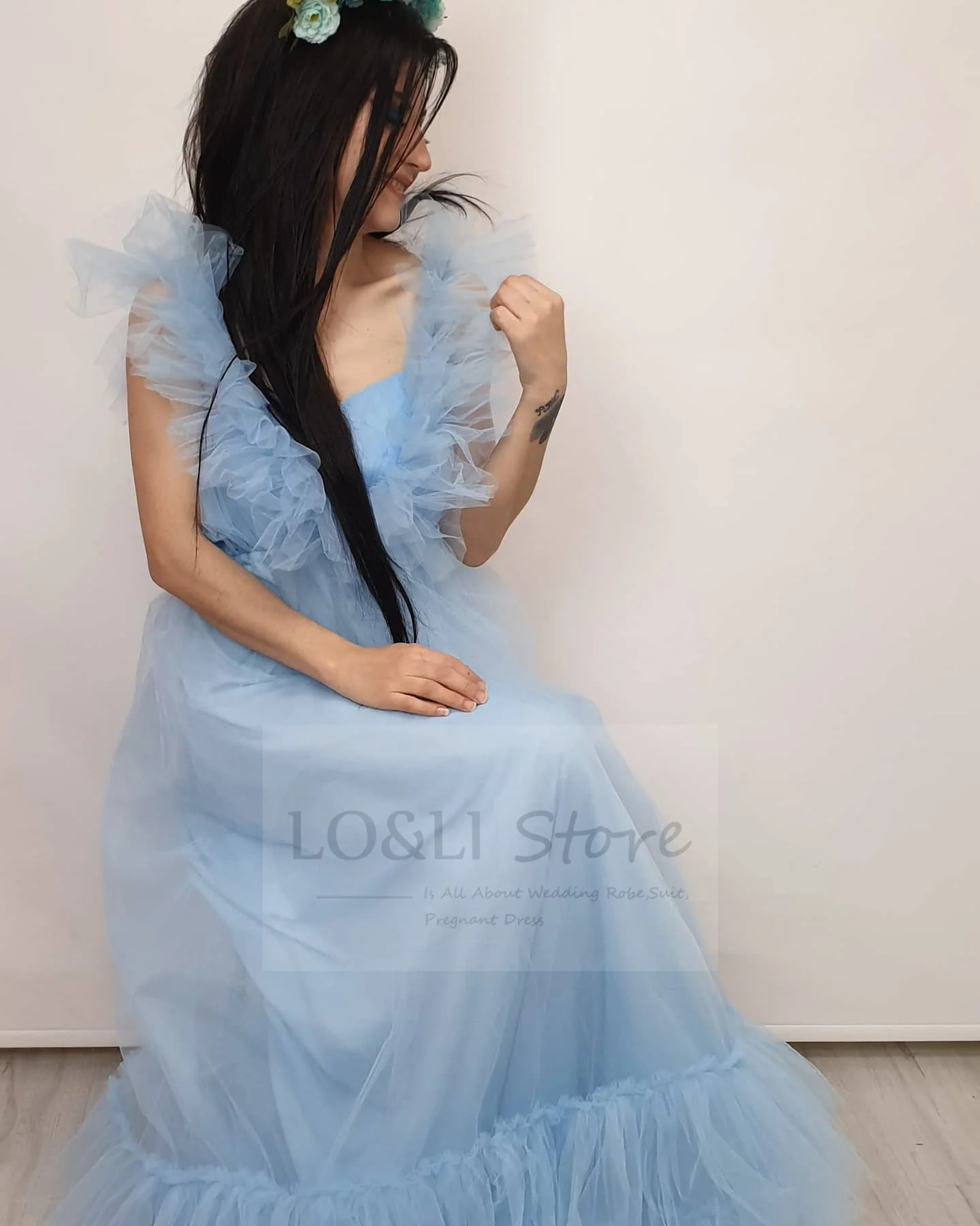 

V-Neck Fluffy Dress For Women Baby Blue Robe Gown Maternity Dress for Photoshoot Long Maxi Dress Boudoir Party Dress Sleeveless