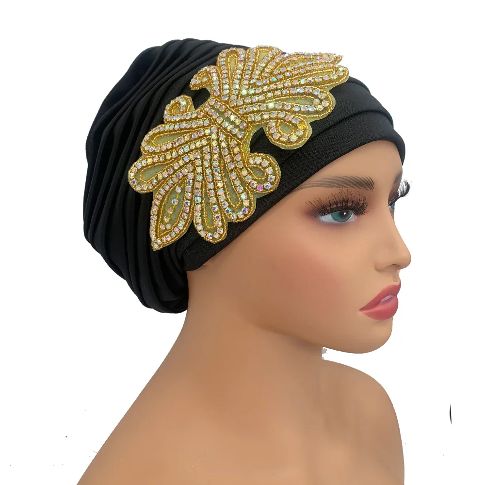 African Female Head Wraps Muslim Headscarf Bonnet Turbante mujer Full Body Pleated Turban Cap for Women Glitter Diamonds Deco