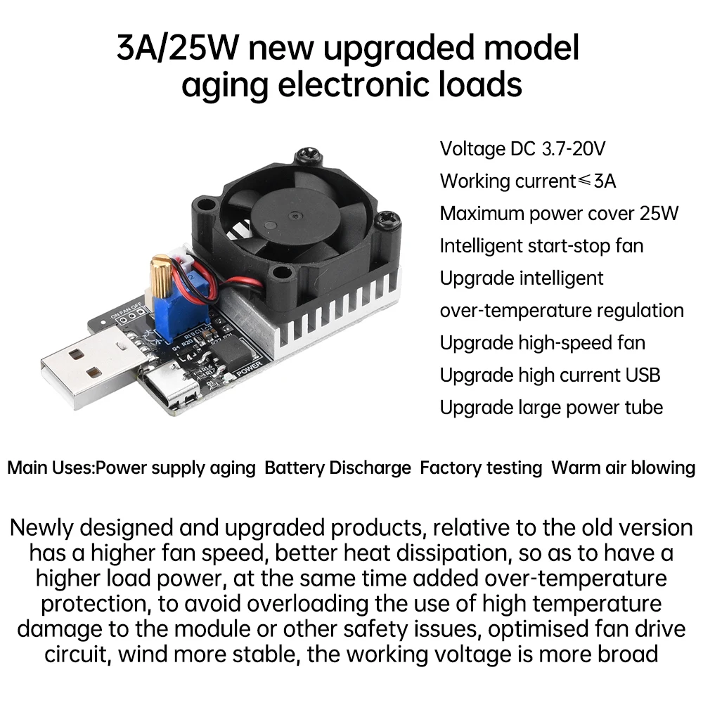 DC 3.7-20V 3A 25W Test elektroniczny rezystor obciążenia Tester przepustowości baterii USB z wentylatorem moduł regulowany prąd