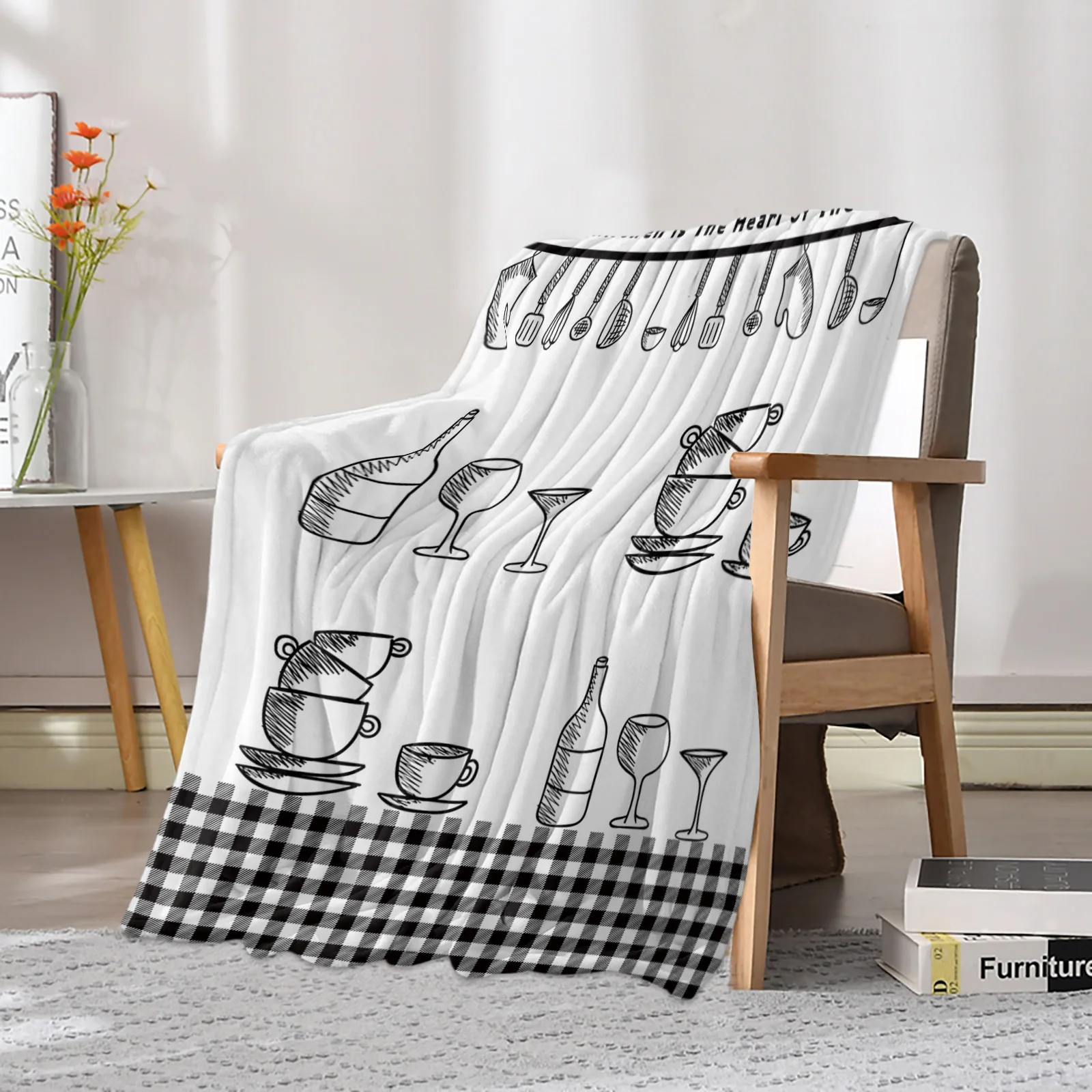 Kitchen Utensils Plaid Printed Throw Blanket Flannel Fleece Blankets Warm Soft Throws for Sofa Couch Bed Bedroom Bedspread