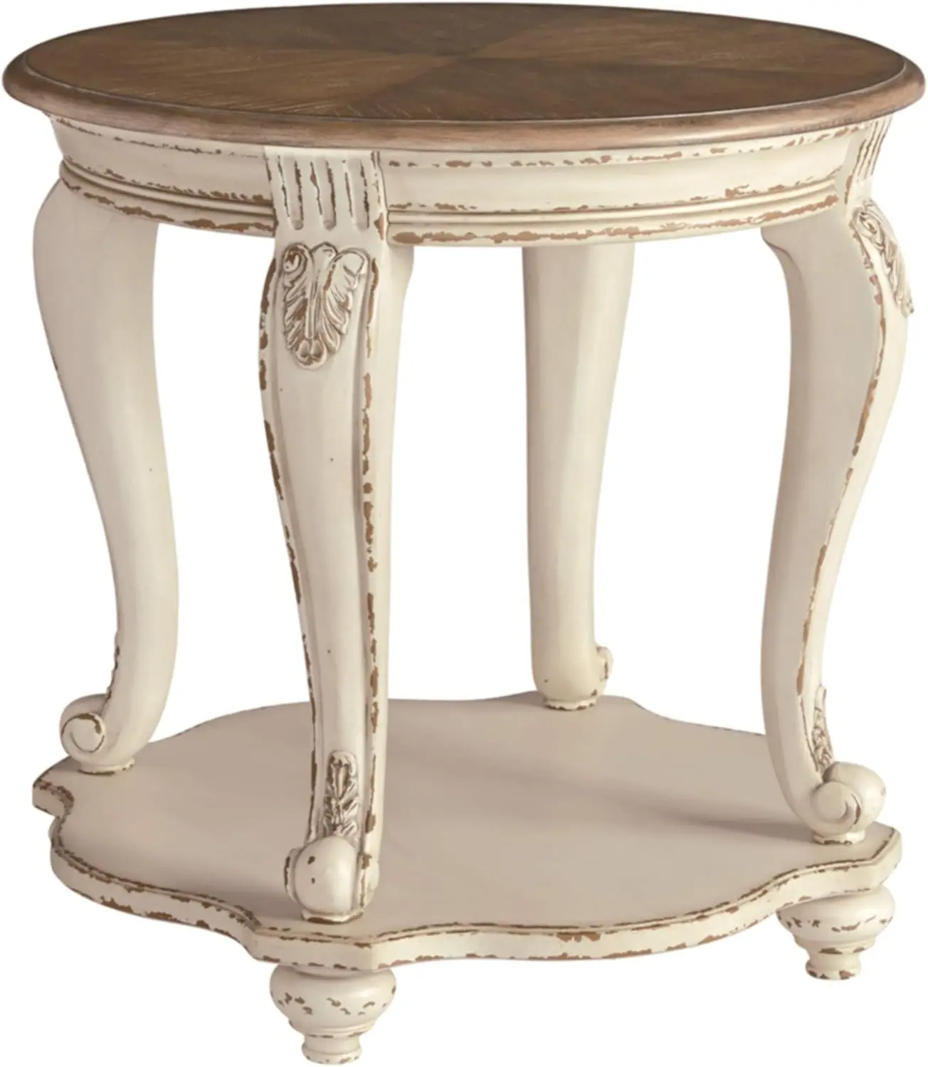 Diseño de Ashley Realyn French Country Mesa auxiliar redonda de dos tonos, blanco astillado