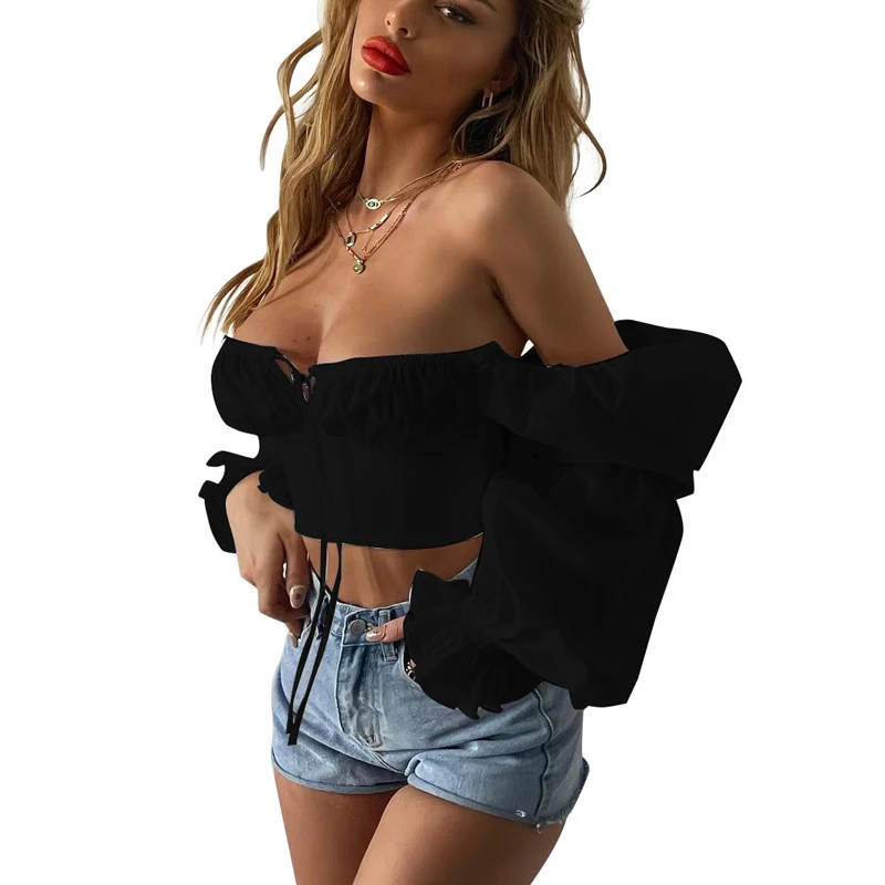 Summer Fashion Sexy Short Blouse Women Lantern Long Sleeve Corset Crop Tops Ladies Casual Off-shoulder Y2k Shirt Blusas 26217