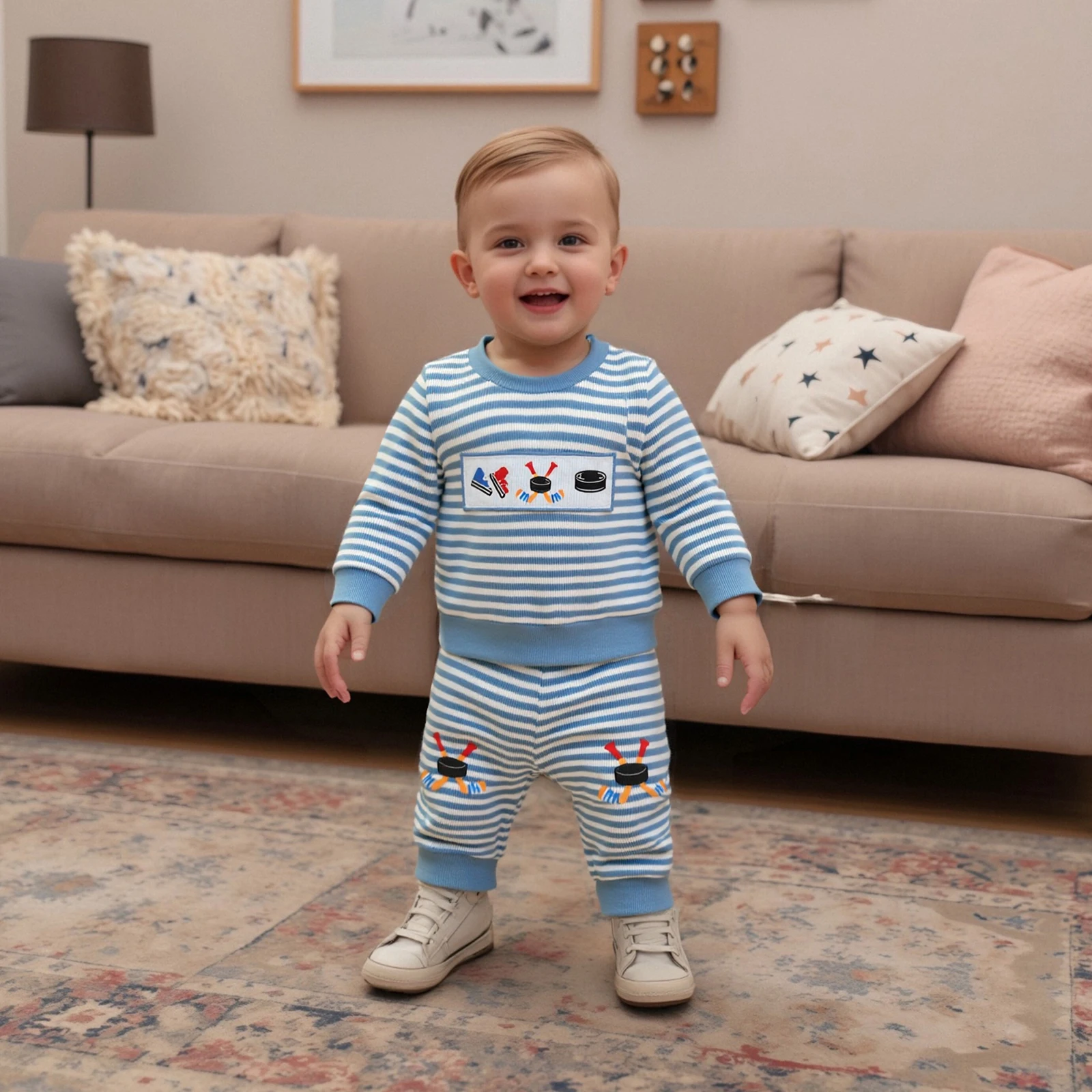 

Toddler Autumn Clothes Baby Boy Fall Outfit Sports Embroidered Striped Crew Neck Long Sleeve Sweatshirt and Pants 2 Pcs Set