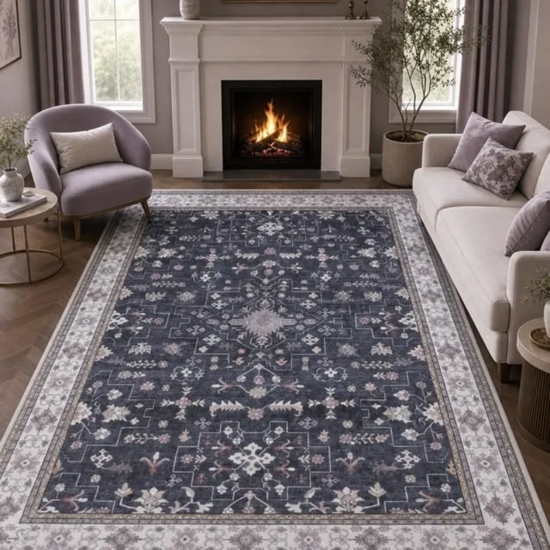 Vintage Persian Cream Style Large Rug Distressed Floral Carpet for Living Room Sofa Non-Slip Machine Washable Bedroom Floor Mat
