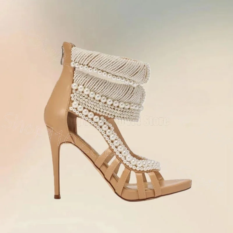 

White Pearl Chain Brown Strappy Open Toe Sandals Back Zipper Women Shoes Thin High Heels Party Dating 2026 Zapatos Para Mujere