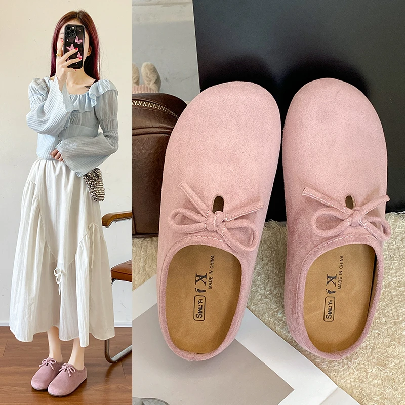 Autumn New Baotou Slippers Women Fashion Round Head Deep Mouth Butterfly Knot Inside High and Low Upper Shoes