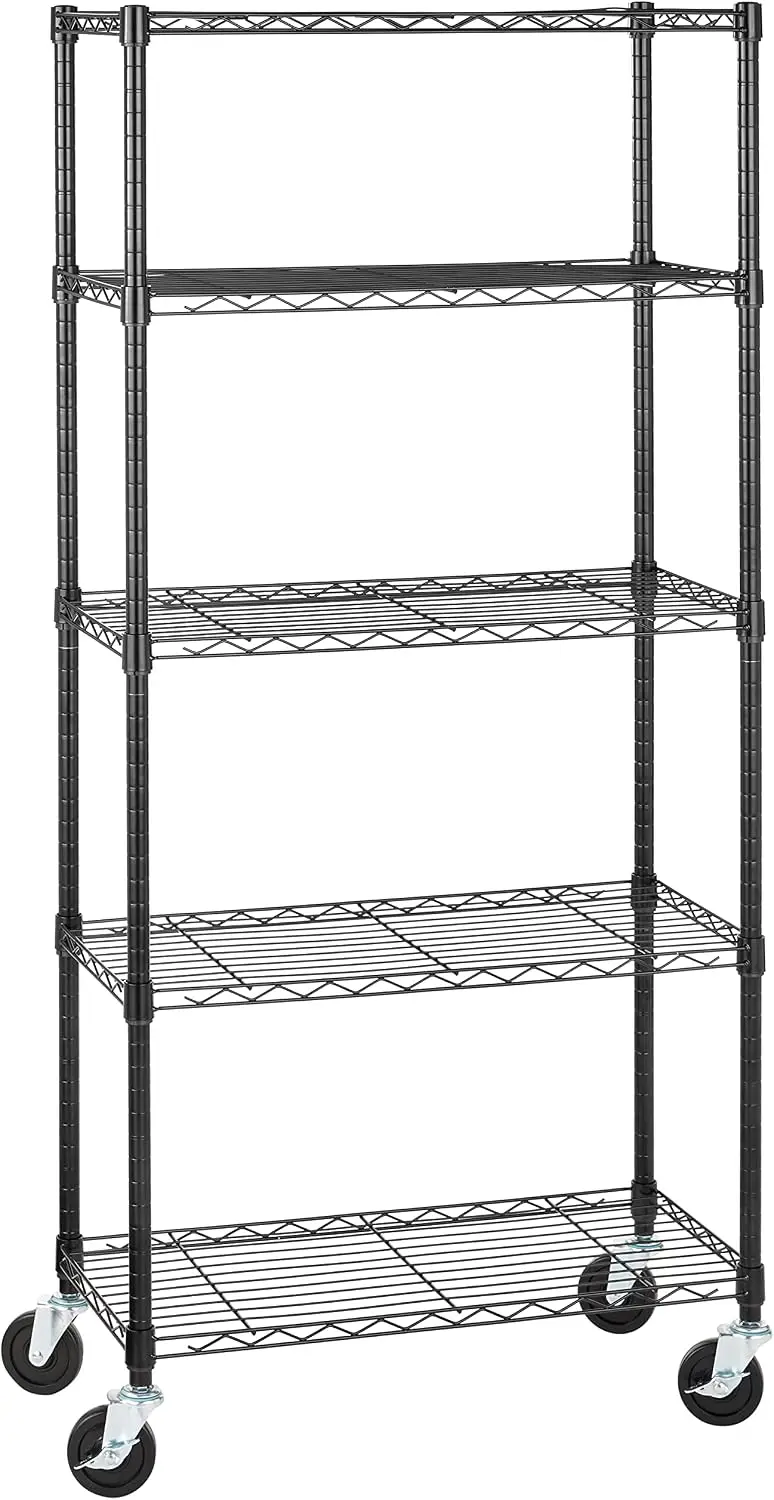 

5-Shelf Heavy Duty Garage Shelving Storage Rack with 4" Wheel Casters, Adjustable Wire Organizer, 300 lbs Per Shelf, 30" x 14" x 64.75", Black