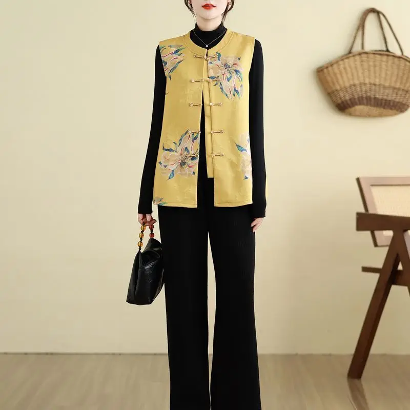 Women's New Autumn and Winter Spliced   round Neck Chinese Vest Plate Button Printed Sleeveless Jacket