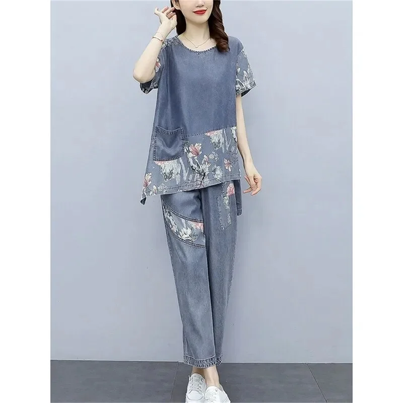 splicing Casual Denim Sets Female T-Shirt Long 2022 Summer New Loose Elastic Waist Jeans Suit Mother Two-Piece Suit High Quality