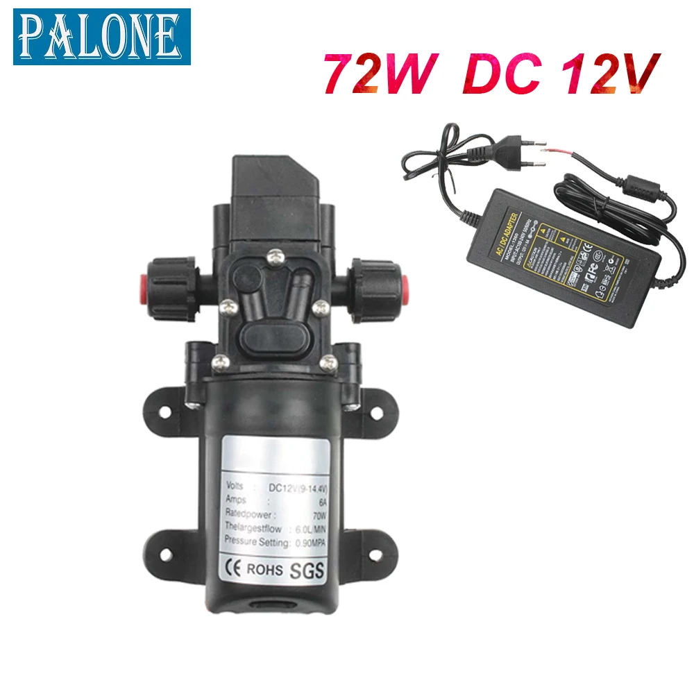 

PALONE Self Priming Pump DC 12V 130PSI 6L/Min Water High Pressure Diaphragm Self Priming Pump 72W with EU power supply 6A pipe