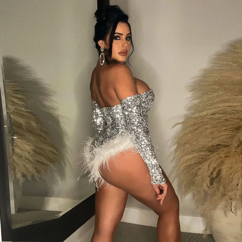 

Tops Club Rompers Party Nightclub Sexy Bodycon Corset Jumpsuits Silver Gold Sequin Feather Bodysuits Women Strapless Body Suit