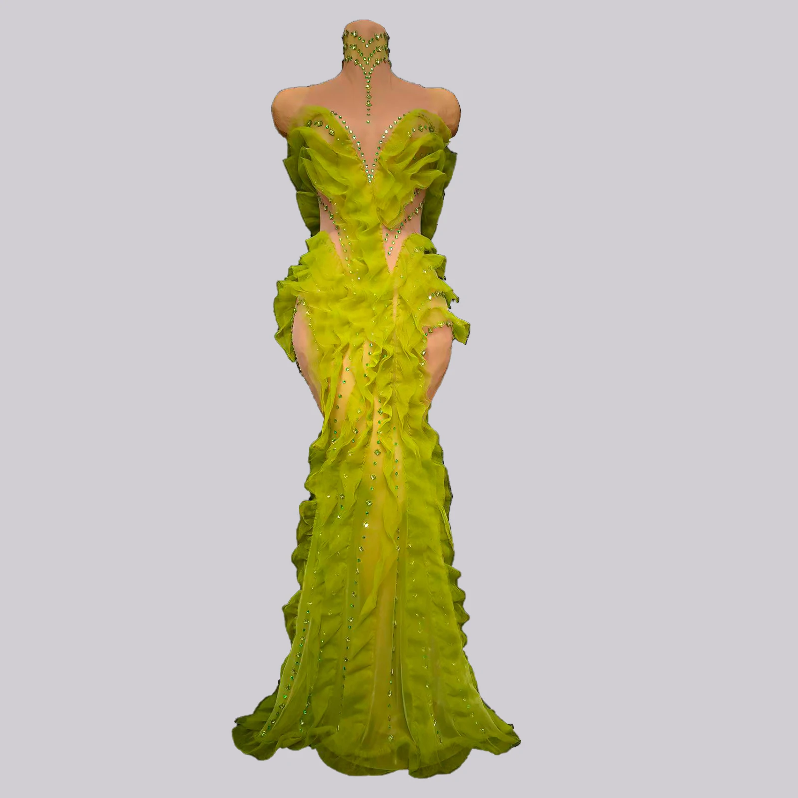 Sexy Green Rhinestones Mesh Dress Singer Event Costume Look Drag Performance Gogo Dance Wear Birthday Party Stage Suit Show Prom