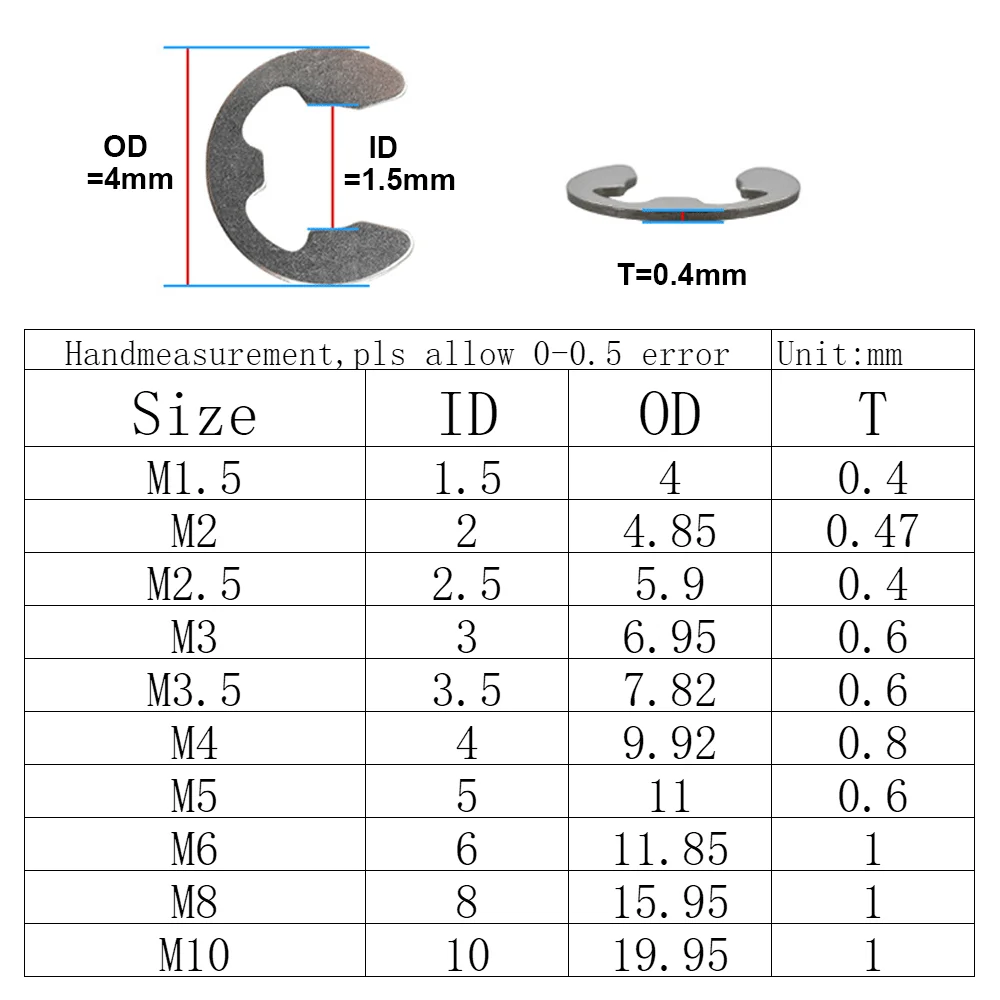 M2.5 M3.5 M4 M5 M6 M7 M8 M9 M10 304 Stainless Steel Clip Washer Circlip Assortment Kit carbon steel E-Clip Snap Locking Ring