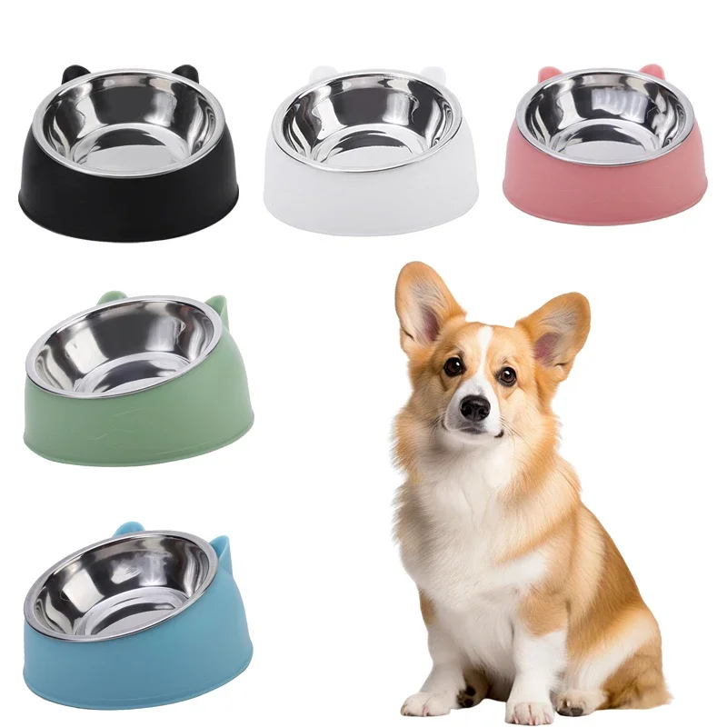 1pc Cat Bowl Lovely Creative Inclined Kitten Puppy Food Feeding Bowls Stainless Steel Cats Drinking Feeder Pet Dogs Cats Feeders