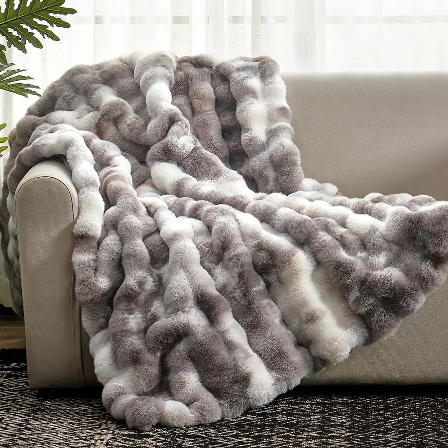 

Faux Fur Throw Blanket for Couch, Fuzzy Soft Plush Thick Bubble Blanket for Sofa Bedroom Living Room, 50 60 Inches Tiedye Taupe