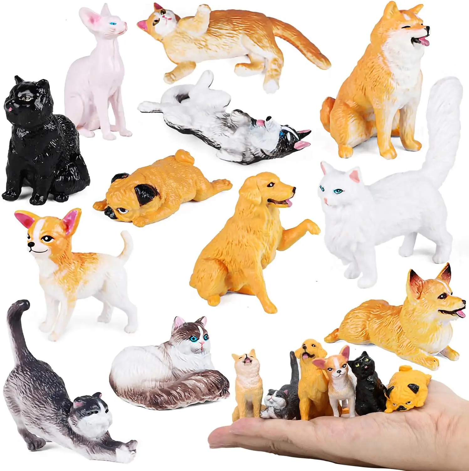 12PCS kleine Hunde und Katzenfiguren Welpen-Spielzeugfiguren mit Golden Retriever Husky Kurzhaarkatze Weihnachts