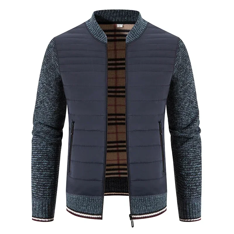 Casaco de retalhos masculino com gola alta, cardigan com zíper, roupa masculina, malhas casuais, casaco quente, outono, inverno, novo