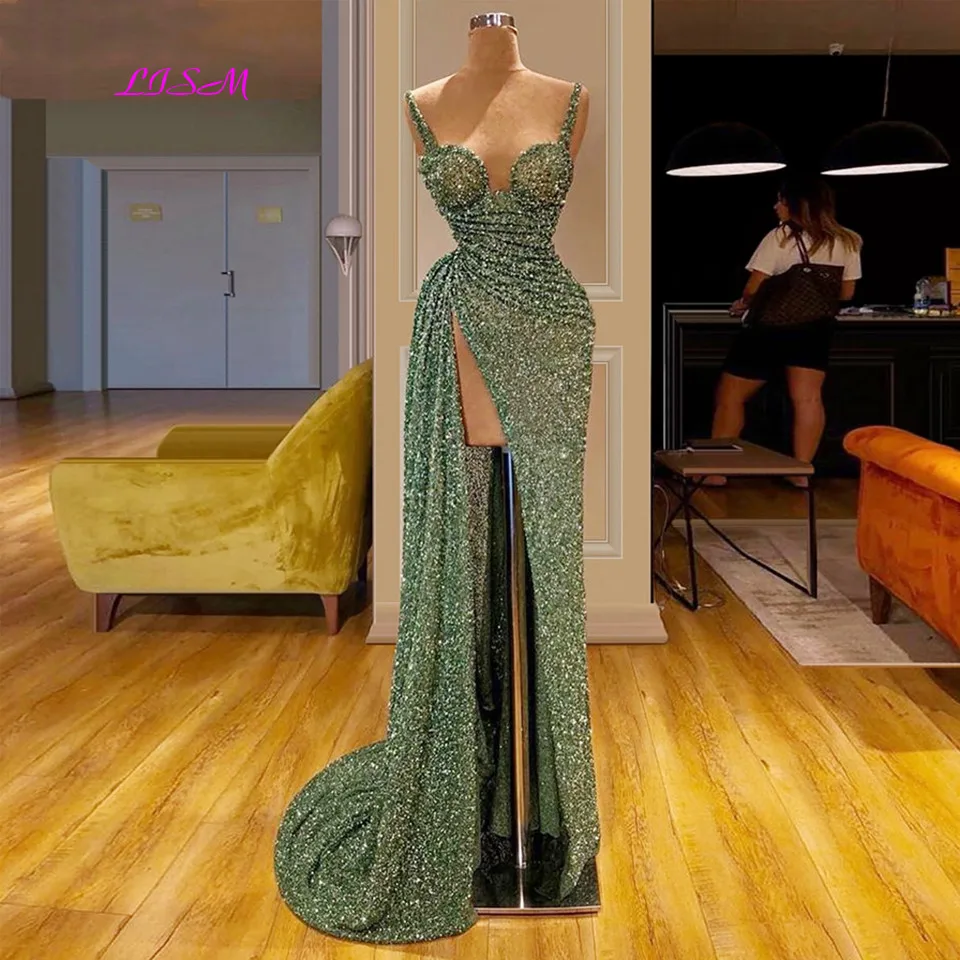 

Elegant Green Sequin Mermaid Evening Dresses Spaghetti Straps Women Prom Dress Side Split Night Evening Gowns Vestido De Gala