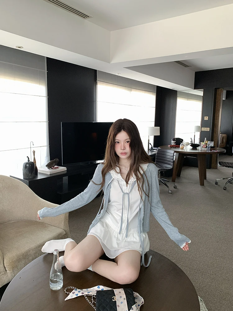 

Женский повседневный кардиган из полиэстера с кружевной отделкой, поясом, длинными рукавами и V-образным вырезом, приталенный, вязаный, открытый, на пуговицах