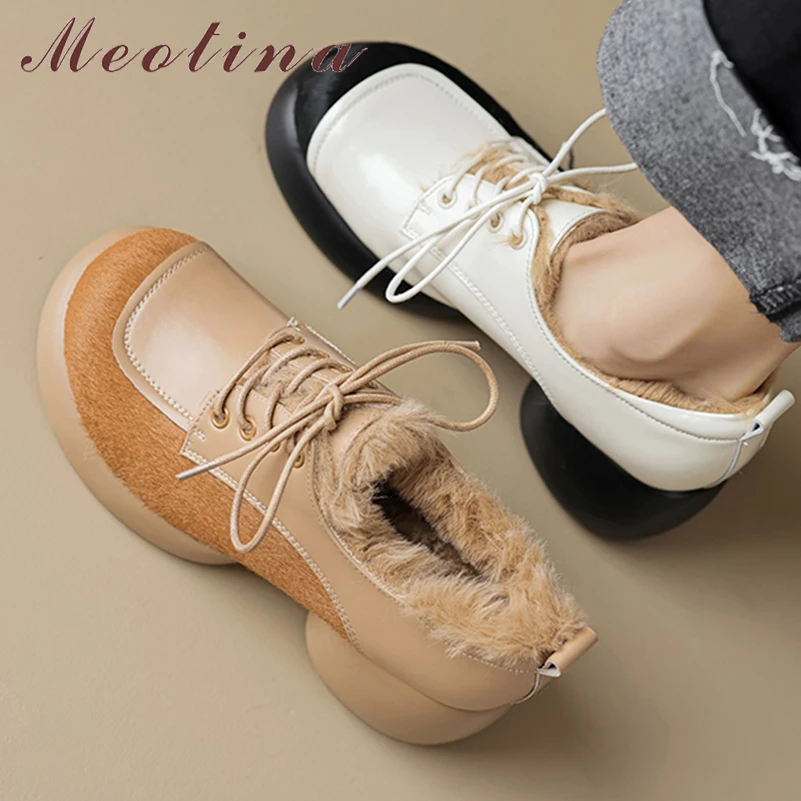 

Meotina Women Genuine Leather Pumps Round Toe Thick High Heels Wool Platform Lace-up Mixed Colors Ladies Fashion Shoes Winter 40