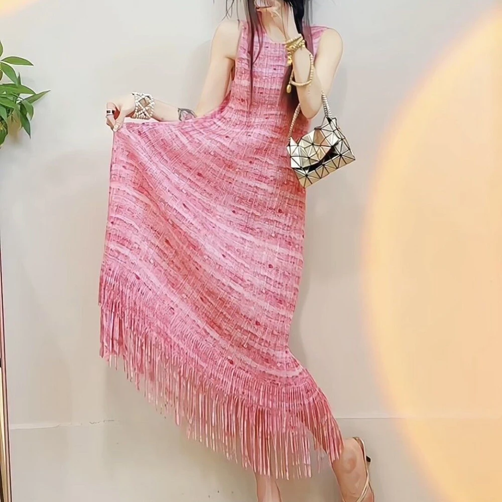 

Holiday hem temperament fringed sleeveless new dress Miyake long dress summer round neck printed pleated skirt