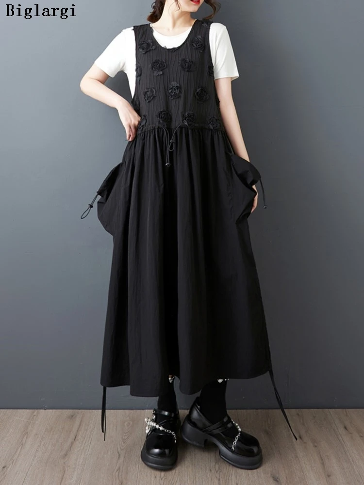

Oversized Summer Sleeveless Vests Dress Women Flower Embroidery Fashion Ladies Dresses Ruffle Pleated Loose Woman Dress