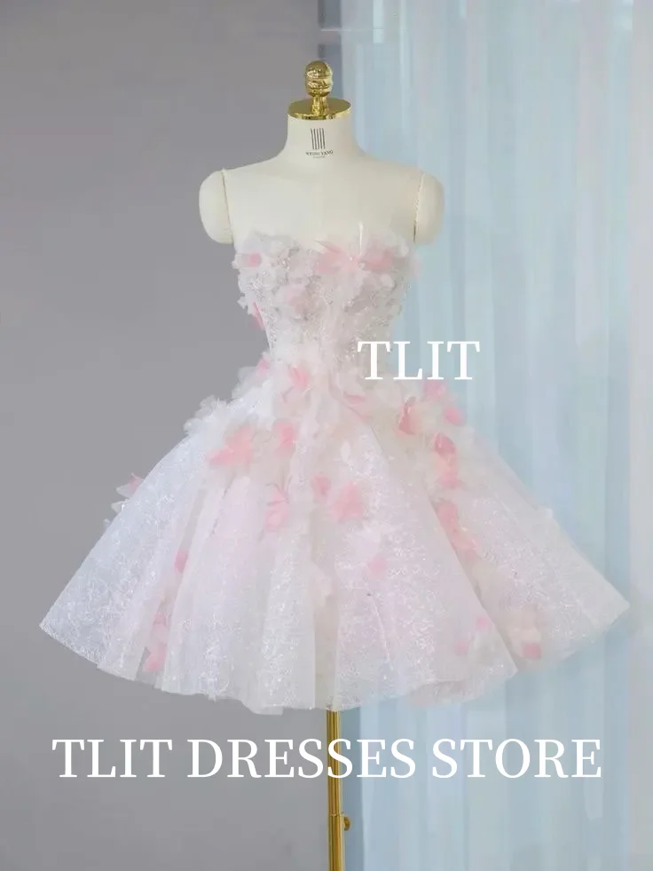 TLIT Feen-Süßigkeitsfarben-Applikationen, Blumen, kurze A-Linie-Abendkleider, Spitze, trägerlos, 3D-Blumen, Ballkleider, maßgeschneidert, Saeva Marina Quiz Quiz Antara